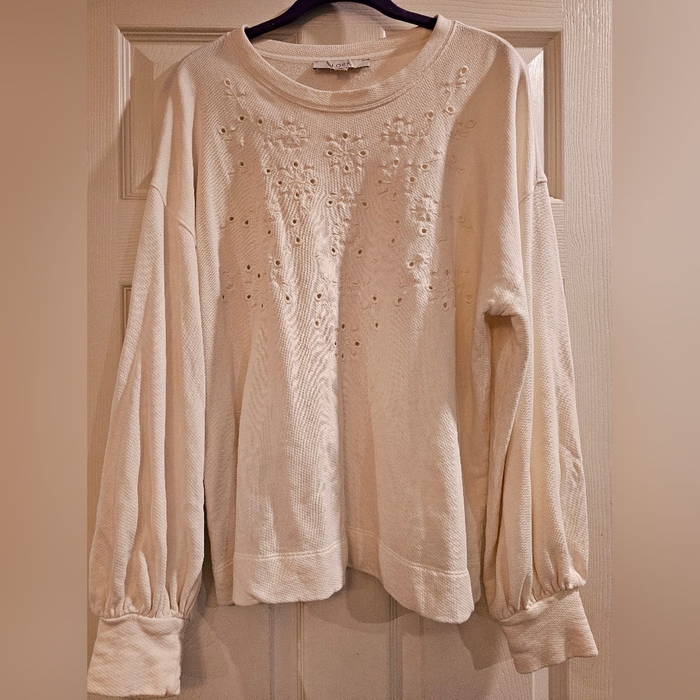 LOFT Cream Long Sleeve Top with Embroidered Details